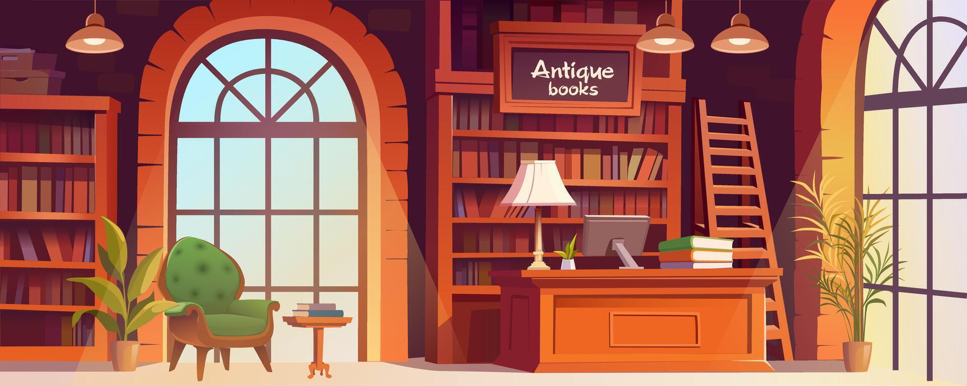 Library interior with antique books background banner for game design. Bookstore room with desk and computer, bookcases and shelves, ladder, lamps, armchair by window. cartoon illustration vector