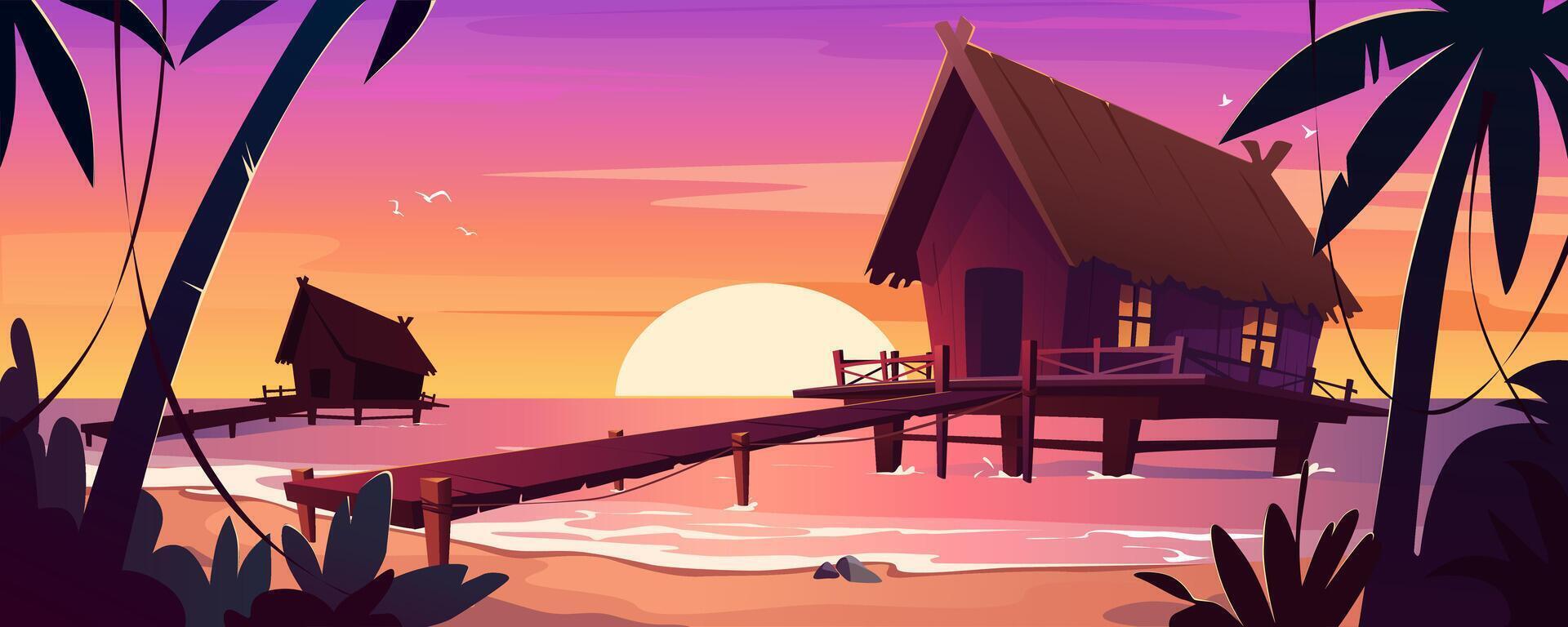 Tropical bungalows at sunset sea beach background banner for game design. Summer coastal wooden houses with flooring way, tropical palm trees silhouettes in dusk sky. cartoon illustration vector