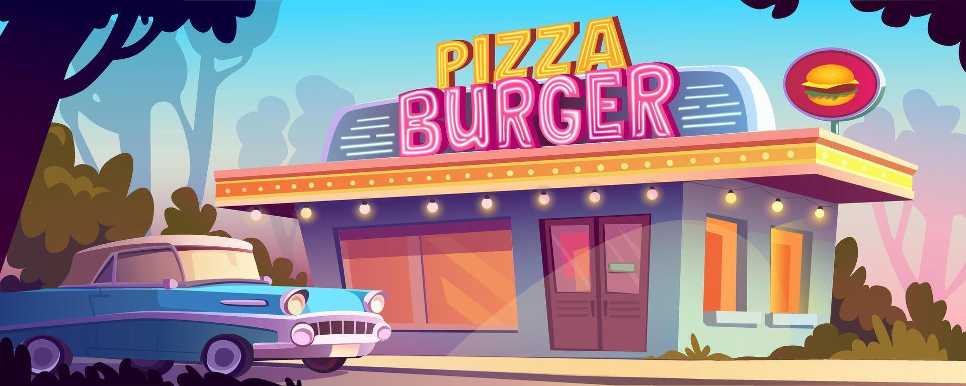 Street landscape with pizza cafe background banner for game design. Urban cityscape with retro cafeteria building exterior with big windows, vintage blue car, green trees. cartoon illustration vector