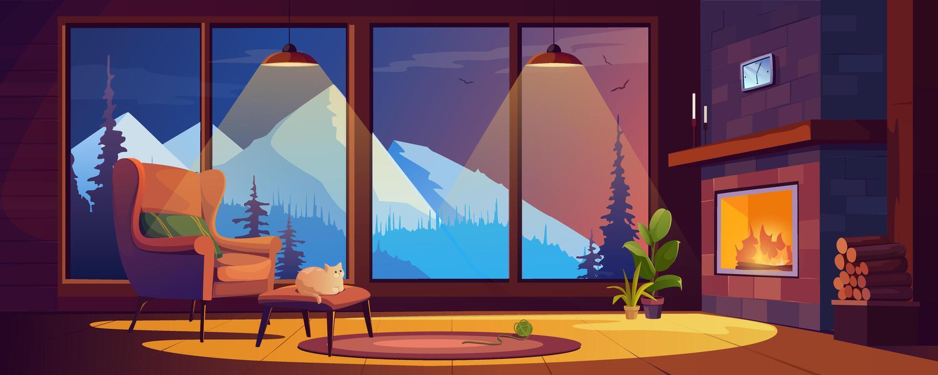 Fireplace room interior at chalet house at night background banner for game design. Cosy living room with chair, cat on couch, warm lights, huge window with mountains view. cartoon illustration vector
