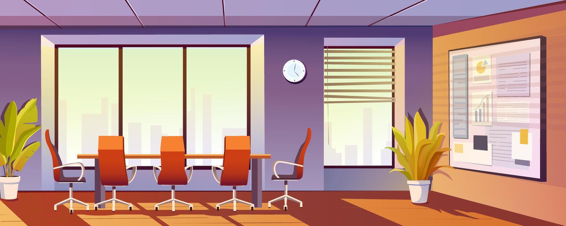 Conference room interior background banner for game design. Meeting boardroom with desk and chairs, presentation board, bis windows. Office for coworking and brainstorming. cartoon illustration vector