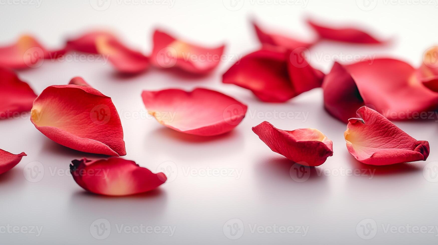 Close up of red rose petals on a white background. The petals are scattered and some are broken, giving the impression of a delicate and fragile beauty. Concept of romance and love photo
