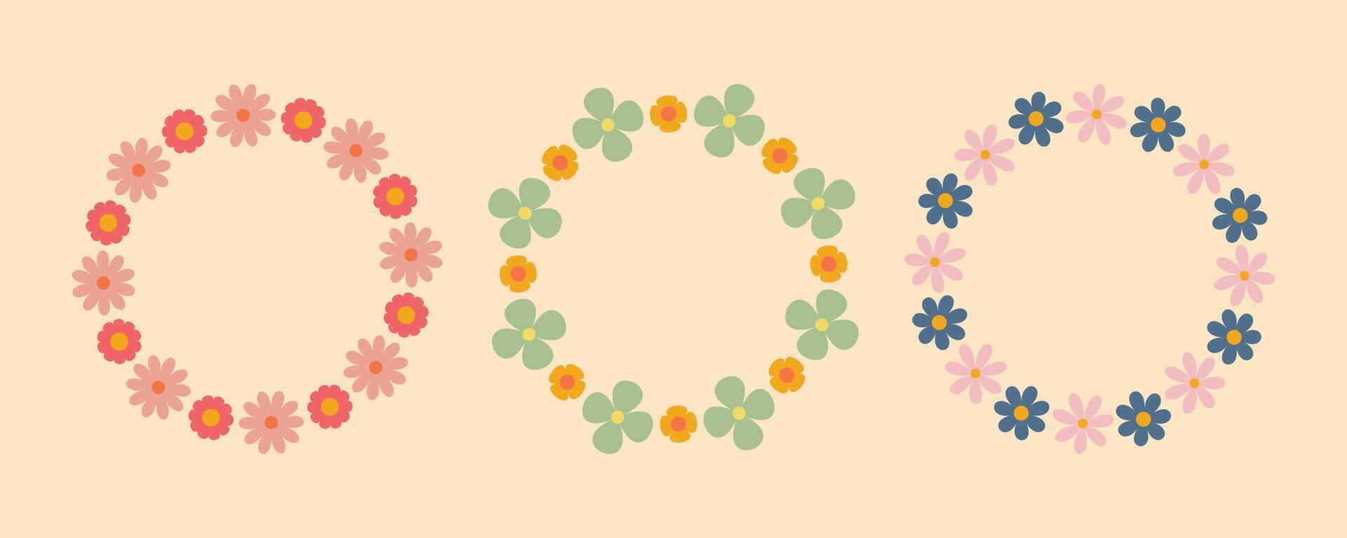 Groovy flower circle frame set. Floral circle frame. Hand drawn simple botanical round border, laurel, wreath with flowers. illustration for wedding invitation, card, logo. vector