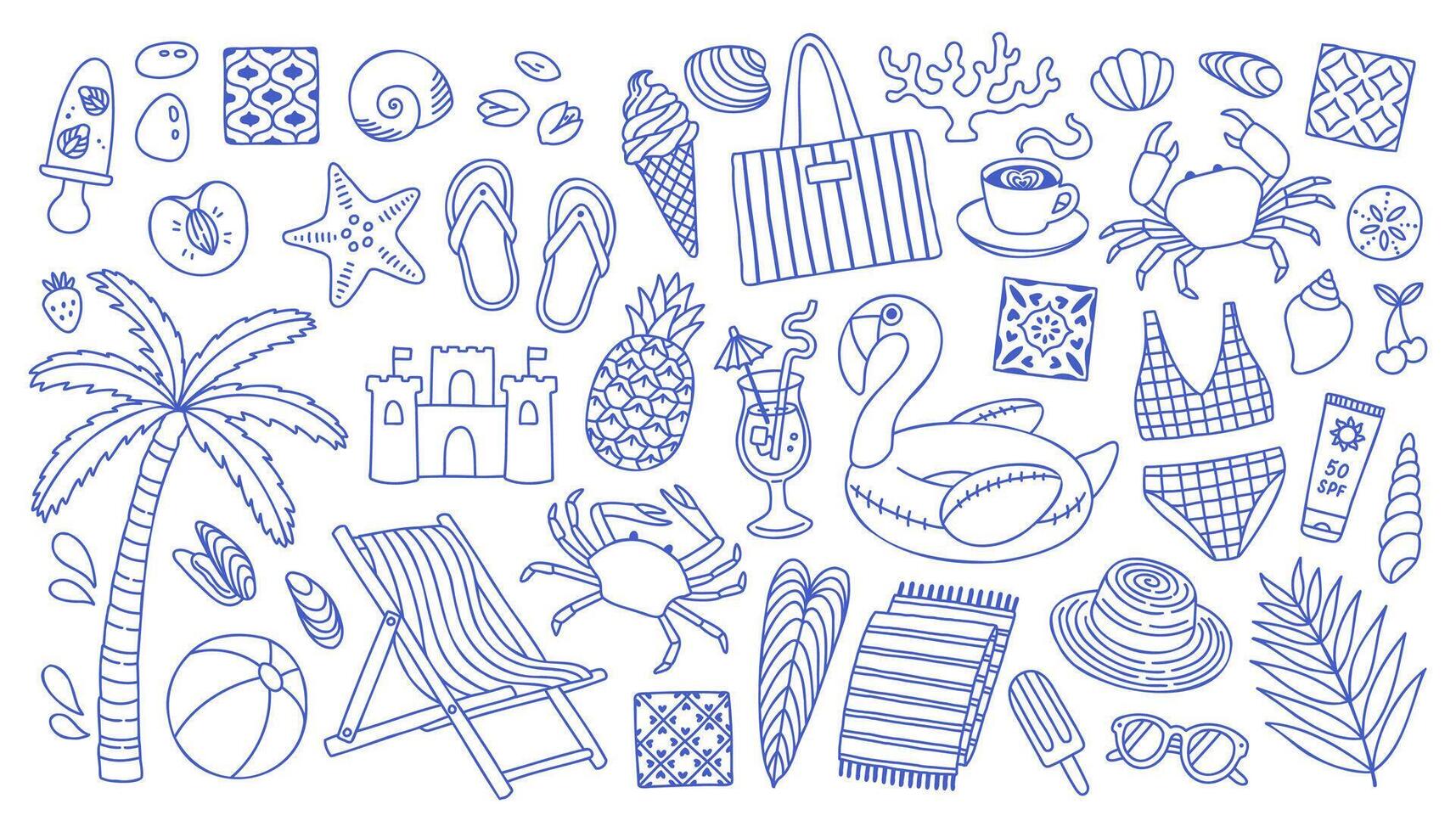 Mediterranean blue summer set. Hand drawn vintage doodle drawing. Summer vacation collection. Dolce vita drawings for cards, stickers, summer sale banner. vector