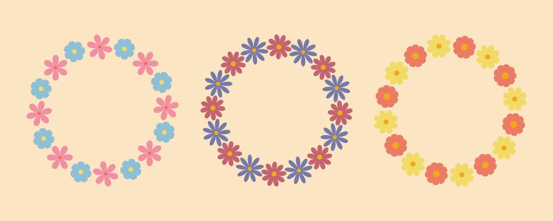Groovy flower circle frame set isolated. Floral circle frame. Hand drawn simple botanical round border, laurel, wreath with flowers. illustration for wedding invitation, card, logo. vector
