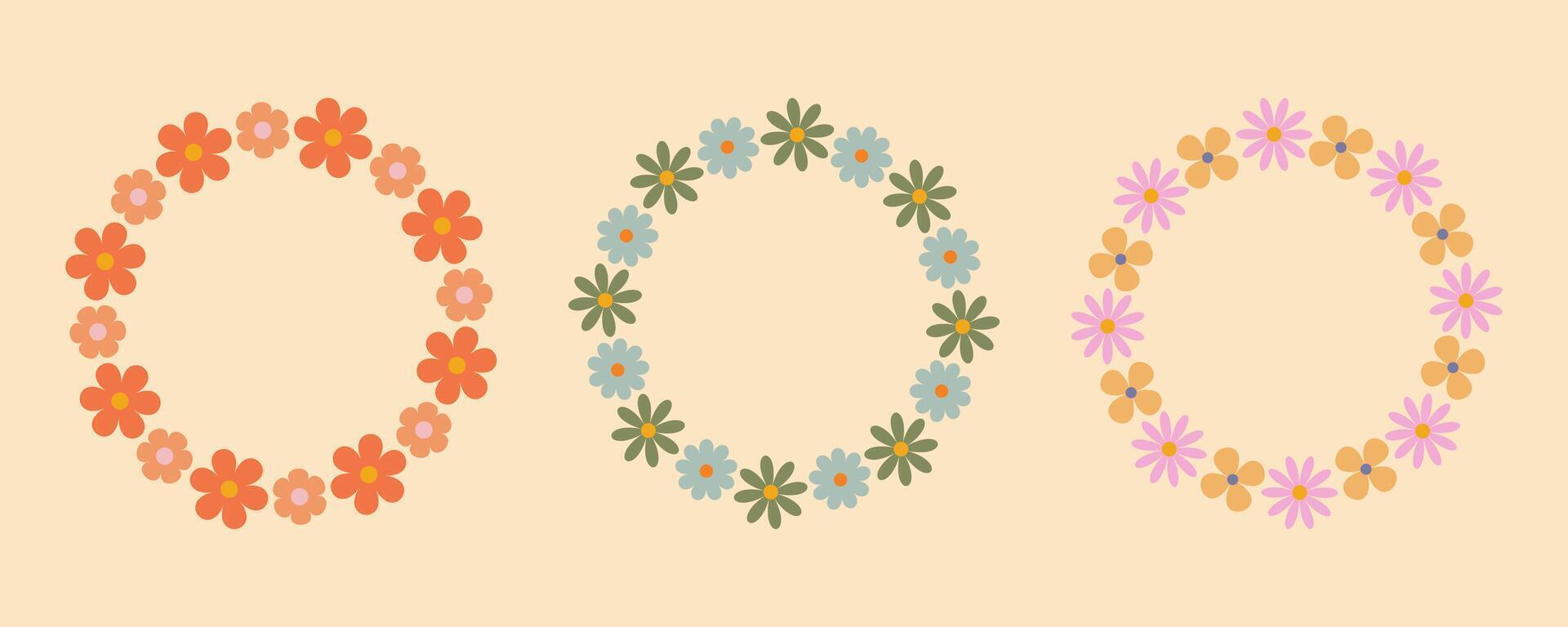 Groovy isolated flower circle frame set. Floral circle frame. Hand drawn simple botanical round border, laurel, wreath with flowers. illustration for wedding invitation, card, logo. vector