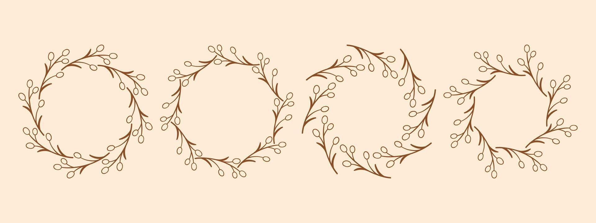 Simple flower circle frame set. Hand drawn brown round line border, leaves and flowers, wedding invitation and cards, logo design and posters template. Elegant minimal style floral isolated set vector
