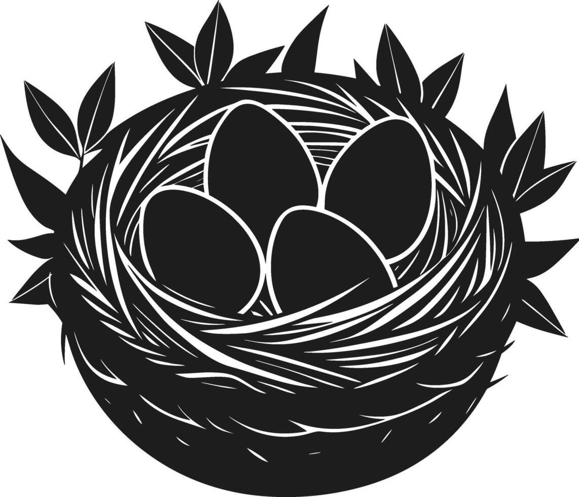 Bird Nest with Eggs and Leaves Silhouette - Spring Illustration vector