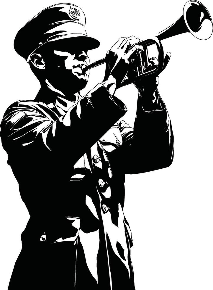 Detailed Silhouette of Military Bugler Playing Trumpet - Art vector