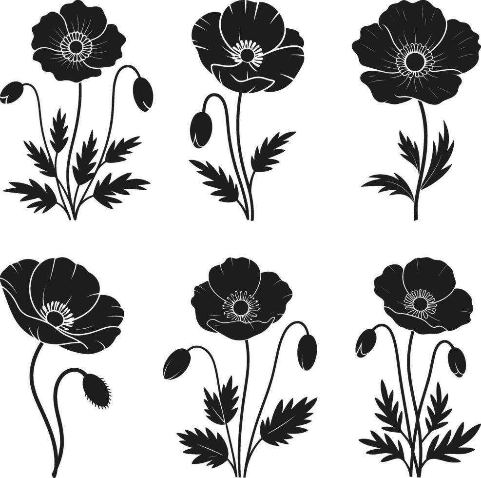 Memorial Day Poppy Flower Silhouette Set - Symbol of Remembrance and Honor vector