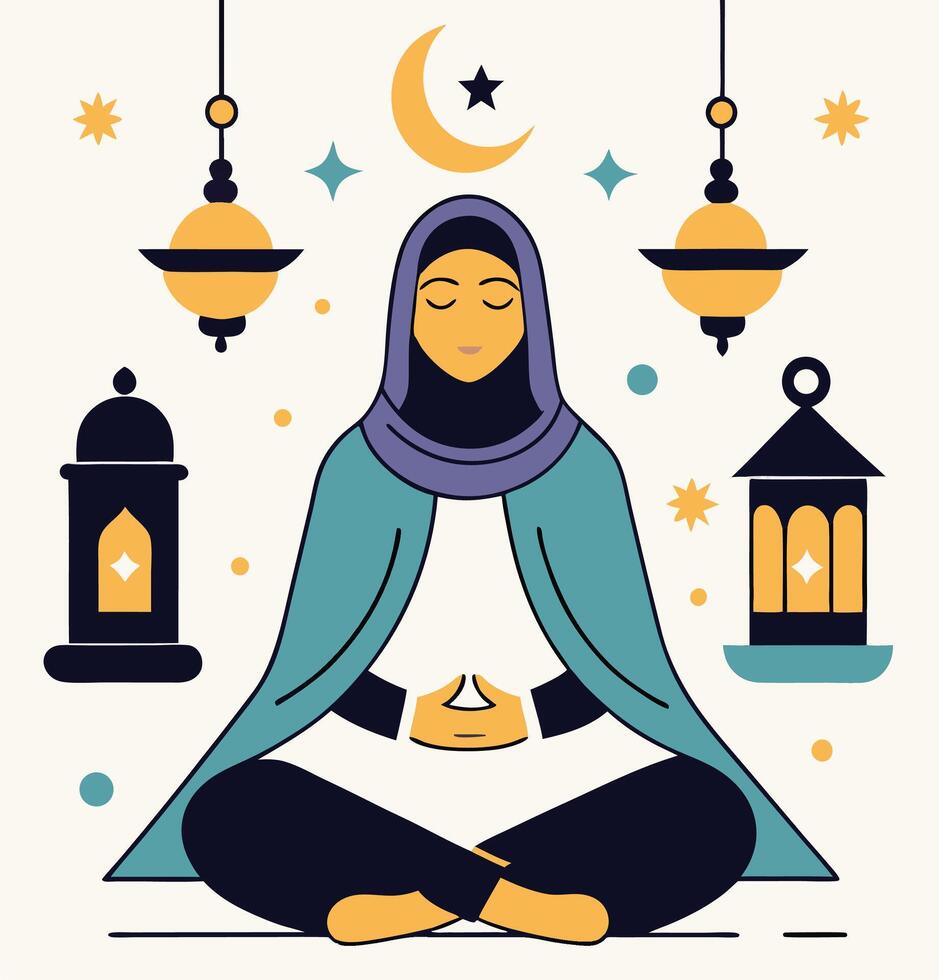 Muslim Woman Meditating With Crescent Moon And Ramadan Lanterns Illustration vector