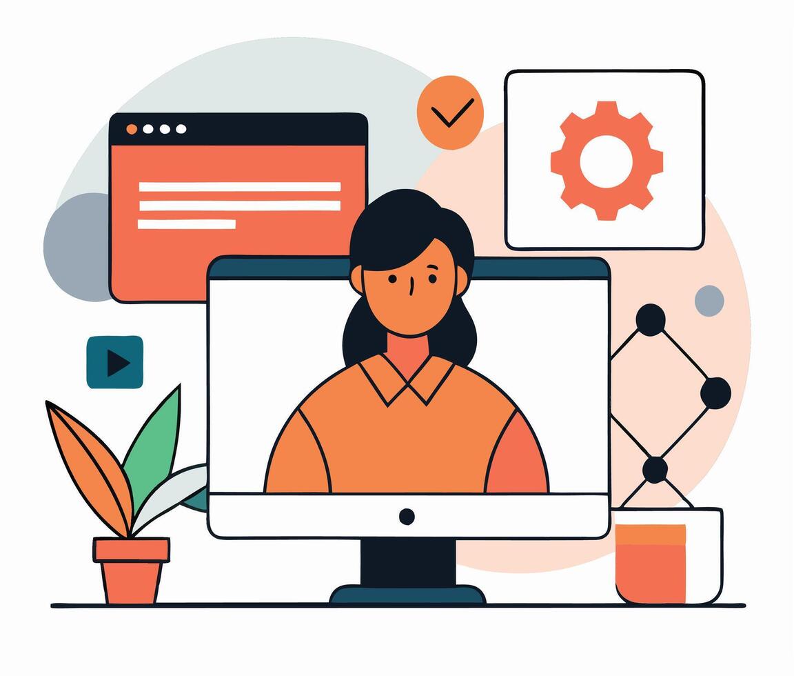 Minimalist Woman On Computer Screen With Software And Development Design Elements vector
