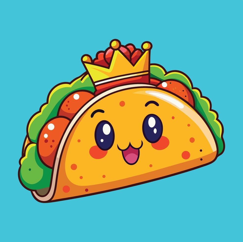 Cute Taco King Cartoon Character With Smiling Face On Blue Background Illustration vector