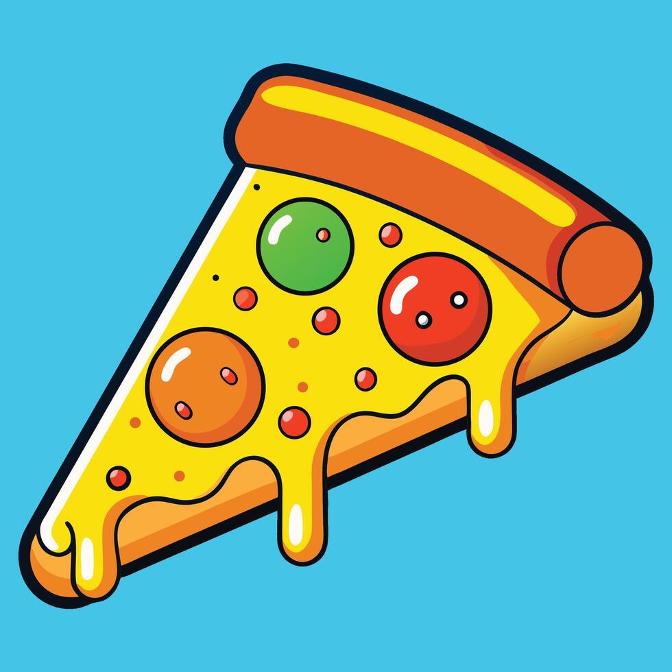 Cartoon Style Pizza Slice With Colorful Toppings On A Blue Background vector