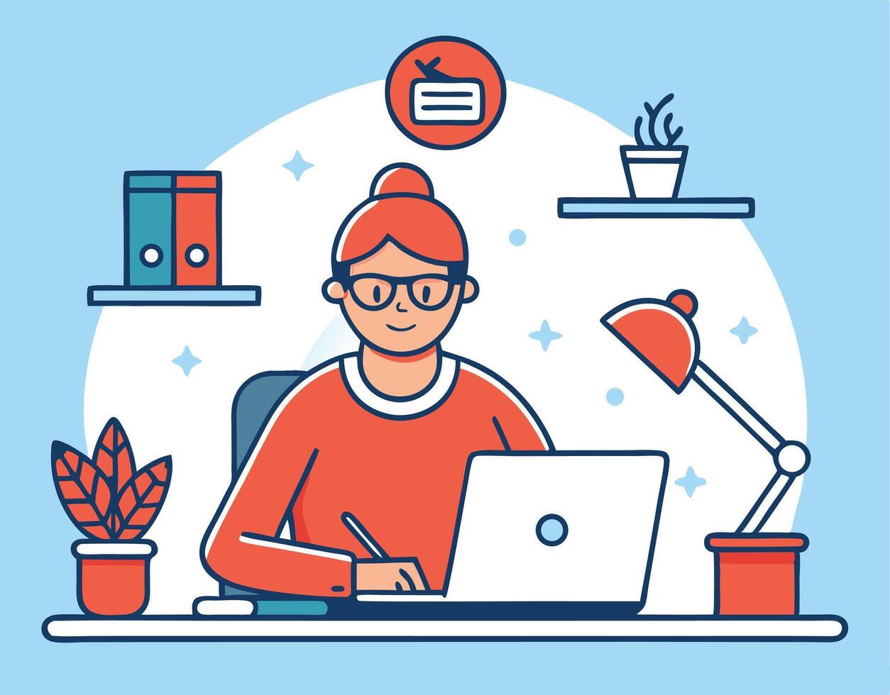 Illustration Of A Woman Working From Home With Laptop And Desk Setup vector