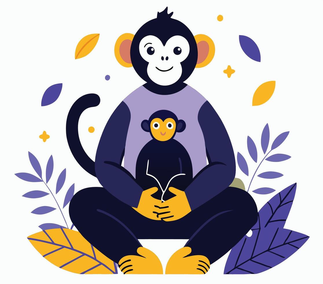 Cartoon Monkey With Baby Monkey And Leaves Illustration vector