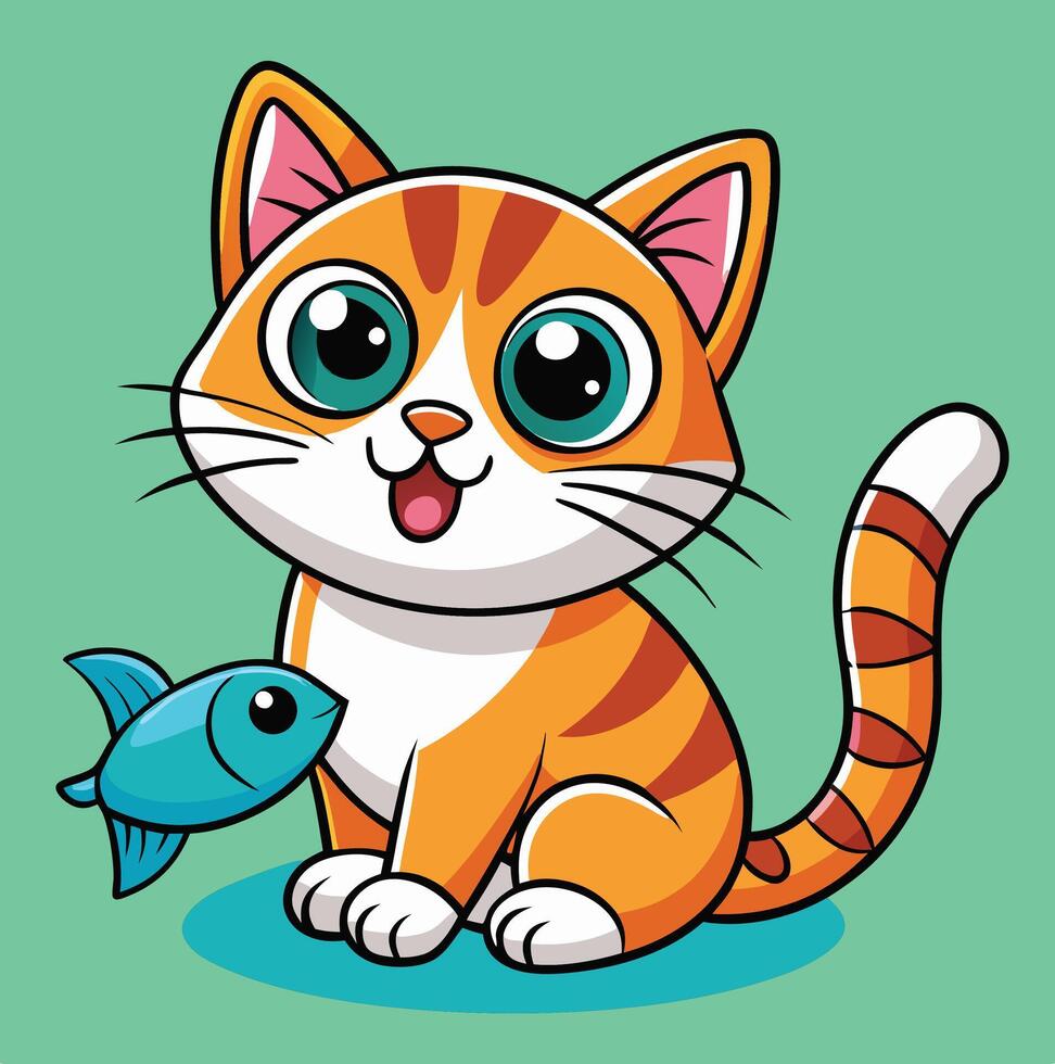 Cute Cartoon Ginger Cat With Striped Tail And Fish On Teal Background vector
