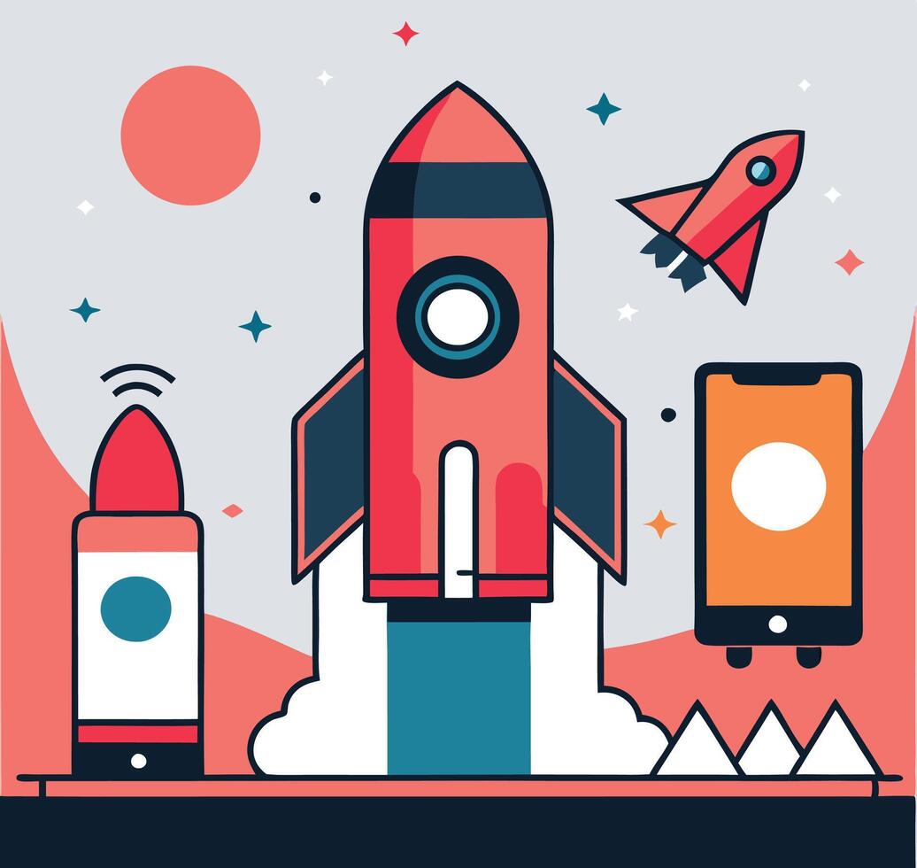 Startup Technology Concept Featuring Rockets Mobile Devices And Creative Space Design vector