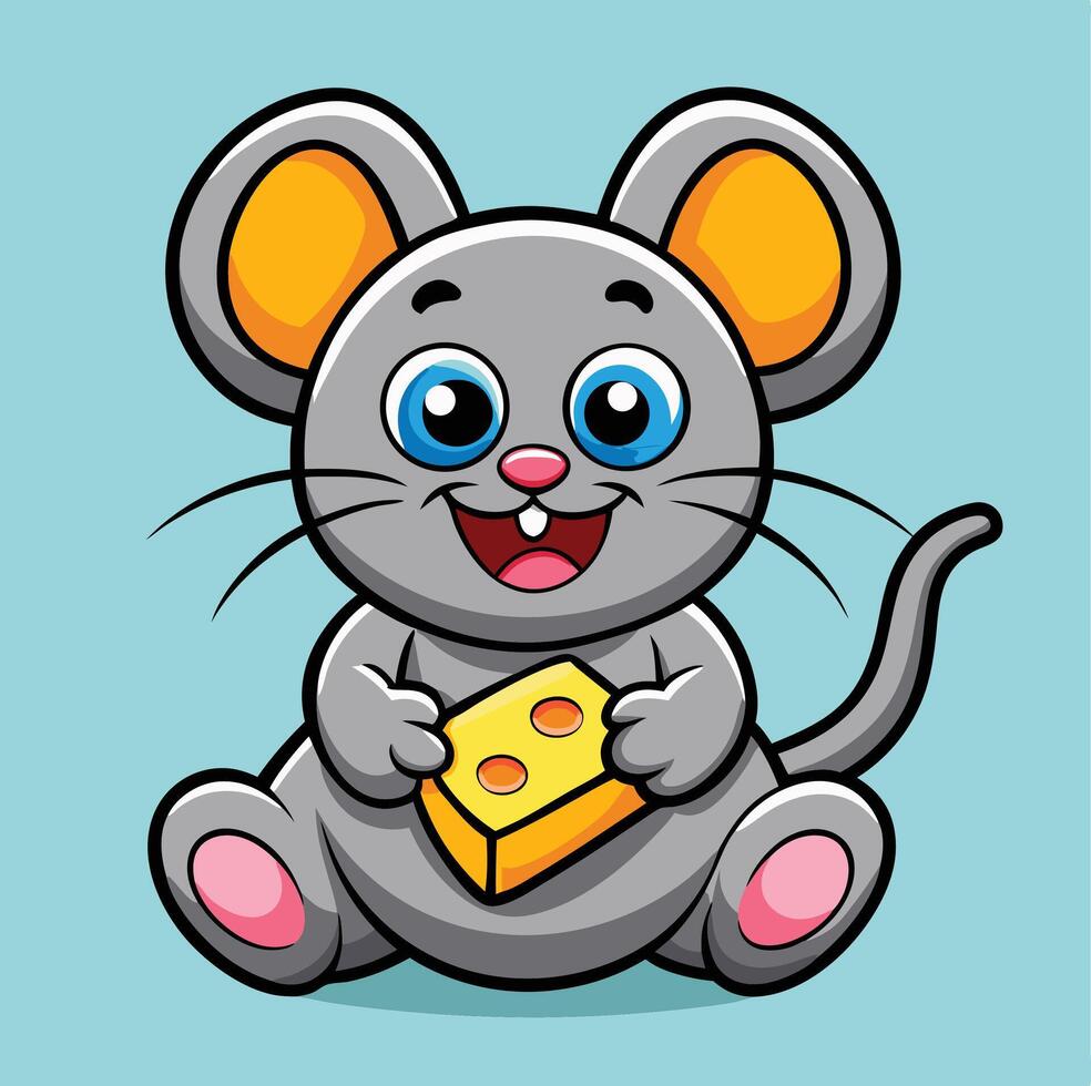 Cheerful Cartoon Mouse Character Holding Cheese On Light Blue Background Illustration vector