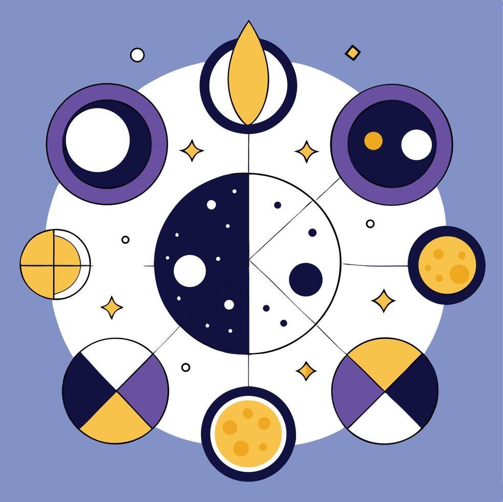 Abstract Geometric Moon Phases Celestial Illustration In Blue Purple And Yellow Colors vector