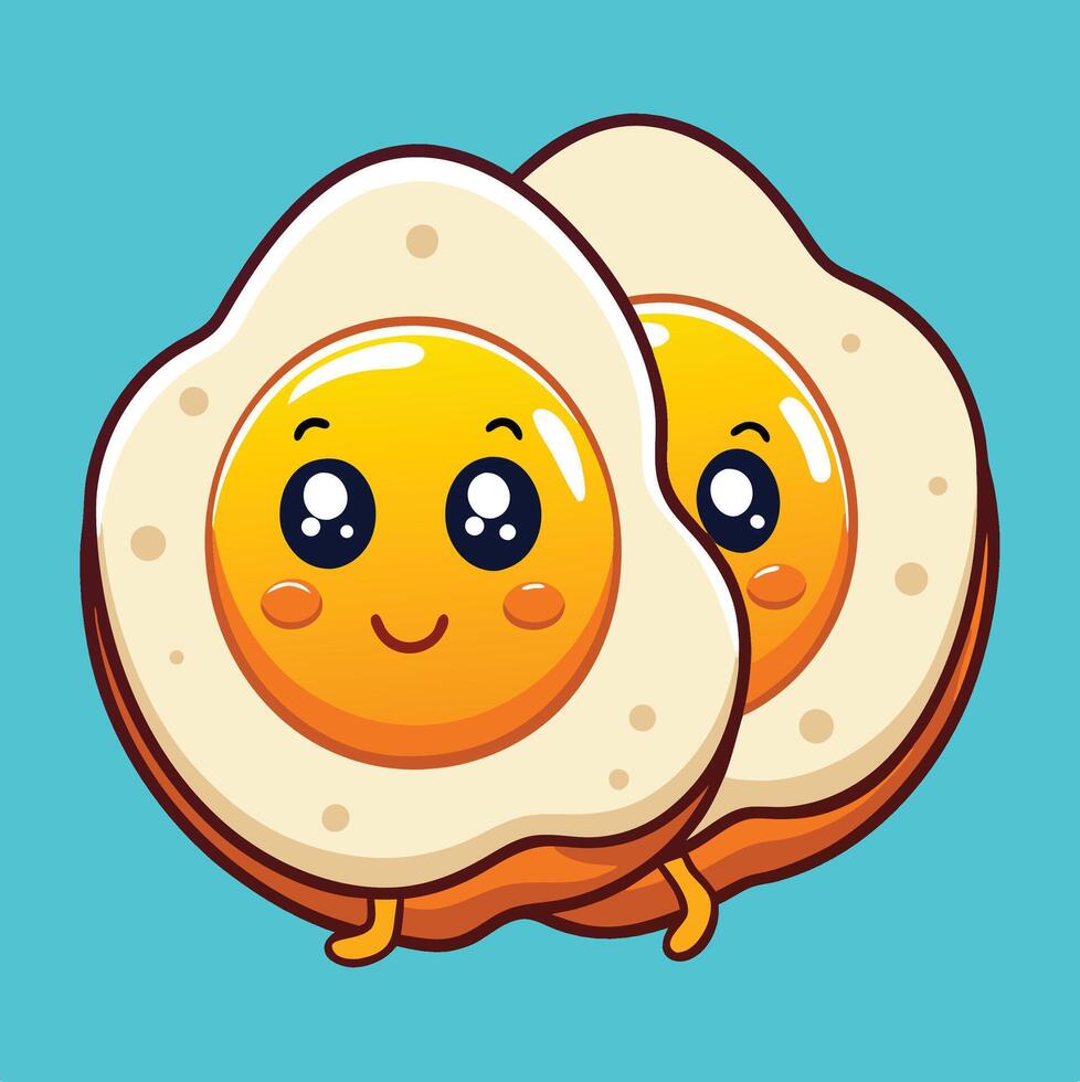 Two Cute Fried Eggs Cartoon Characters With Smiling Faces Illustration vector