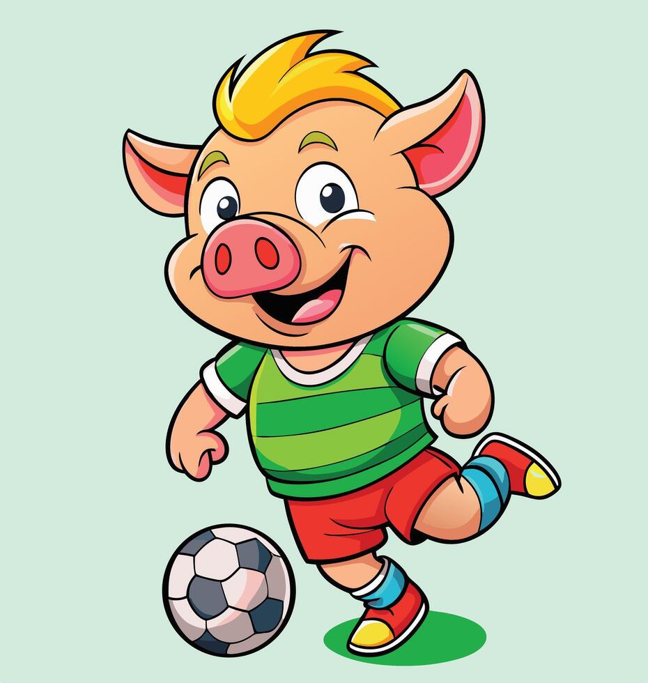 Cartoon Pig Soccer Player Kicking Ball Wearing Green Jersey And Red Shorts vector