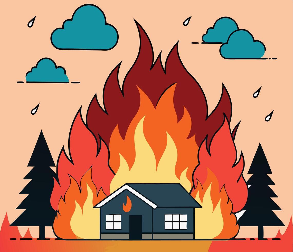 House On Fire In Forest Fire Disaster Illustration With Clouds And Rain vector