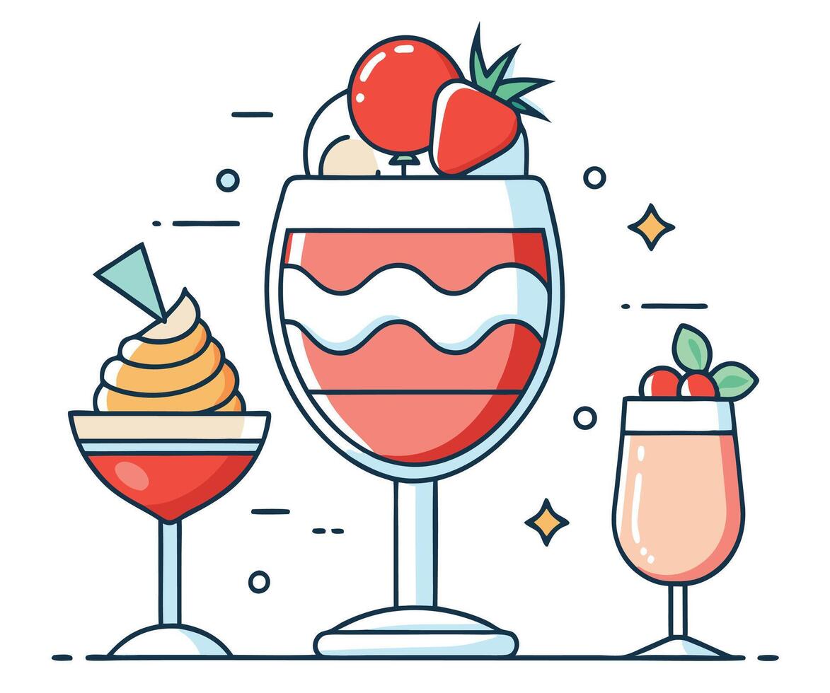 Three Dessert Cocktails With Berries And Cream Illustration Graphic vector