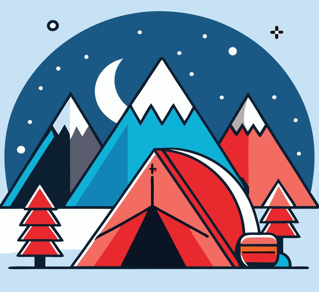 Camping Adventure At Night Flat Illustration With Tent And Mountains vector