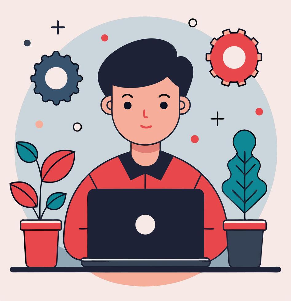 Man Working On Laptop Surrounded By Plants And Gears Illustration vector