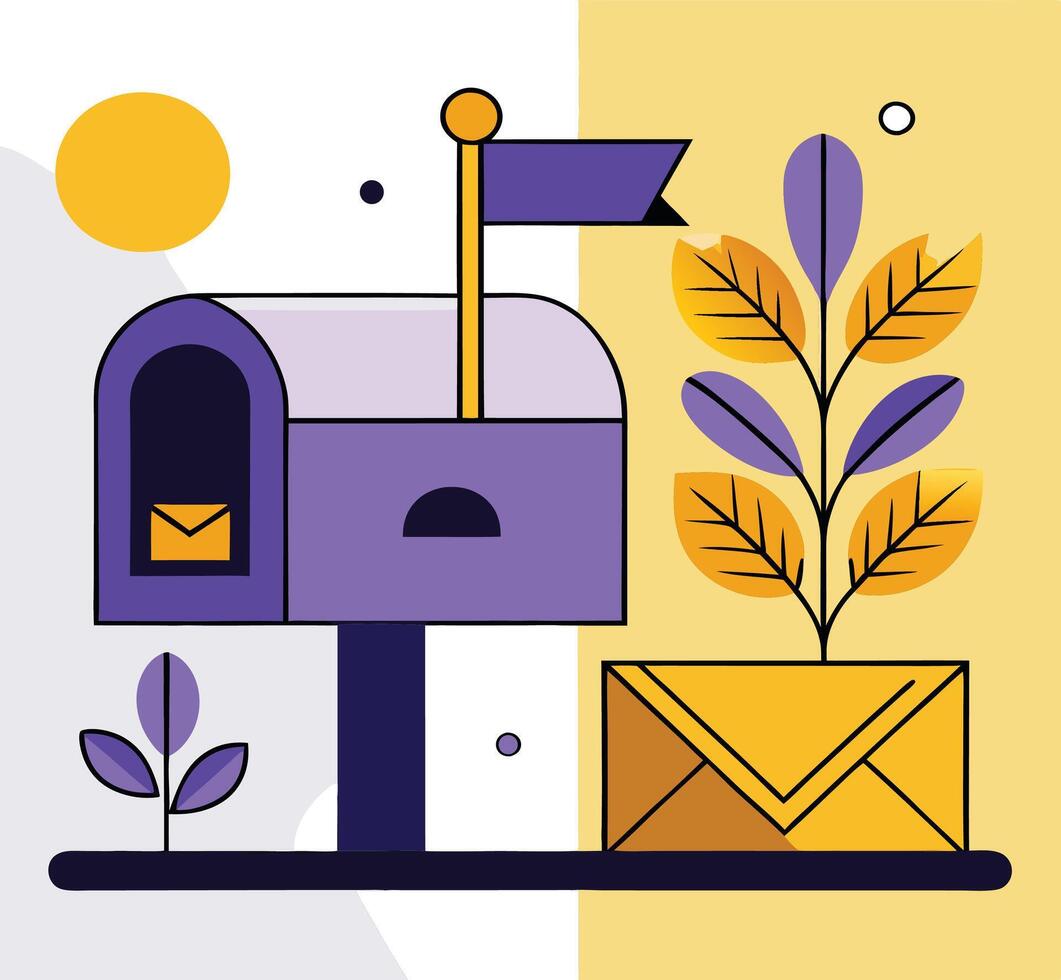 Stylized Mailbox With Flag And Envelope Featuring Geometric Plant Design Elements vector