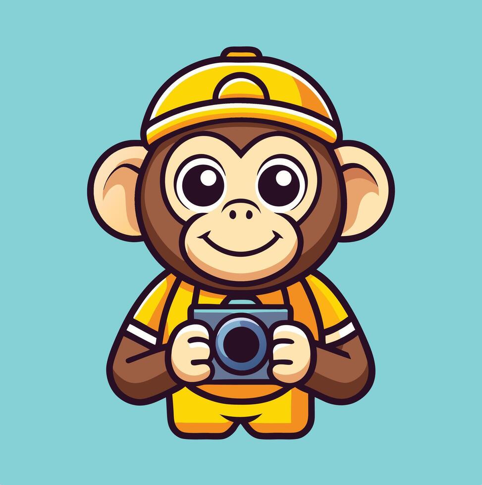 Cartoon Monkey Photographer Mascot With Camera Wearing Yellow Outfit And Cap vector