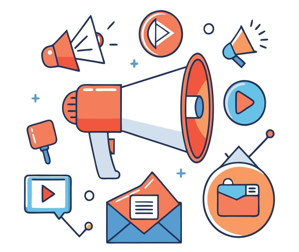 Modern Communication Marketing Elements With Megaphone And Email For Social Media Campaign vector