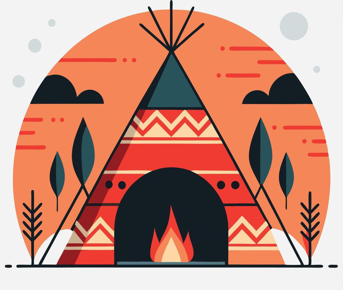 Graphic Illustration Of A Tipi With Fire In A Desert Landscape vector