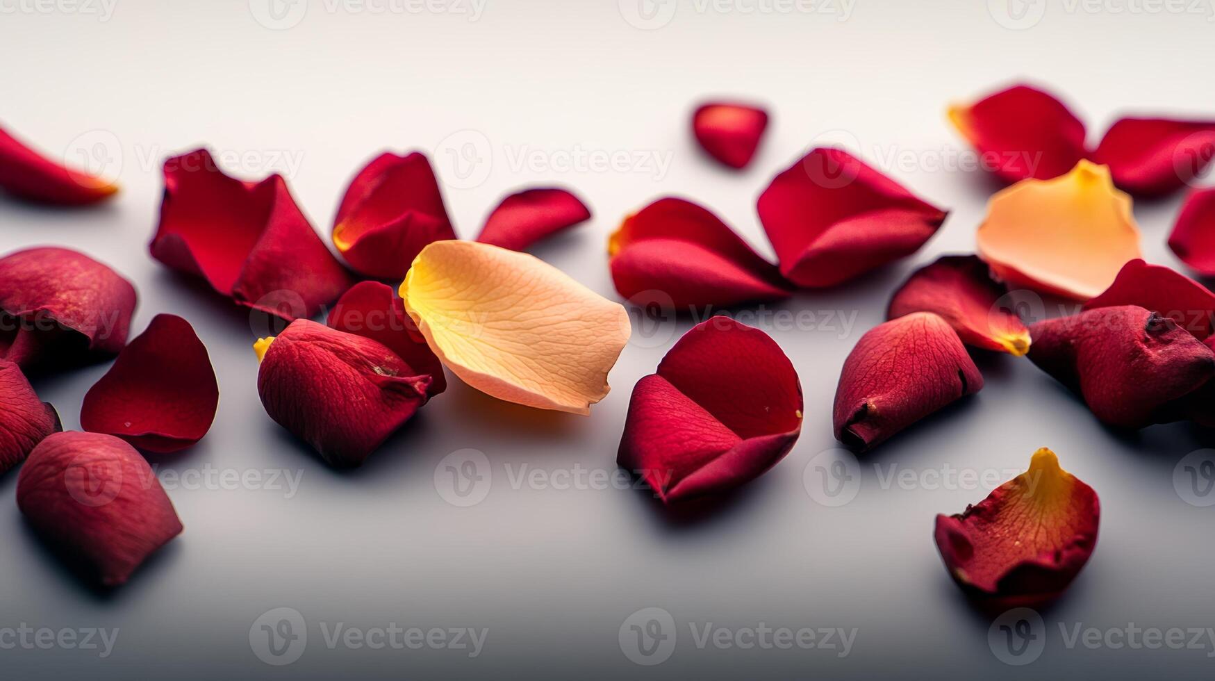 Close up of red and yellow rose petals. The red petals are scattered across the white background, while the yellow petals are more concentrated in the center. Concept of beauty and delicacy photo