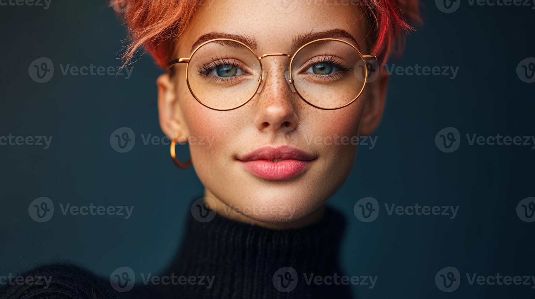 Woman with red hair and glasses is smiling. She is wearing a black sweater and glasses. warm and friendly mood photo