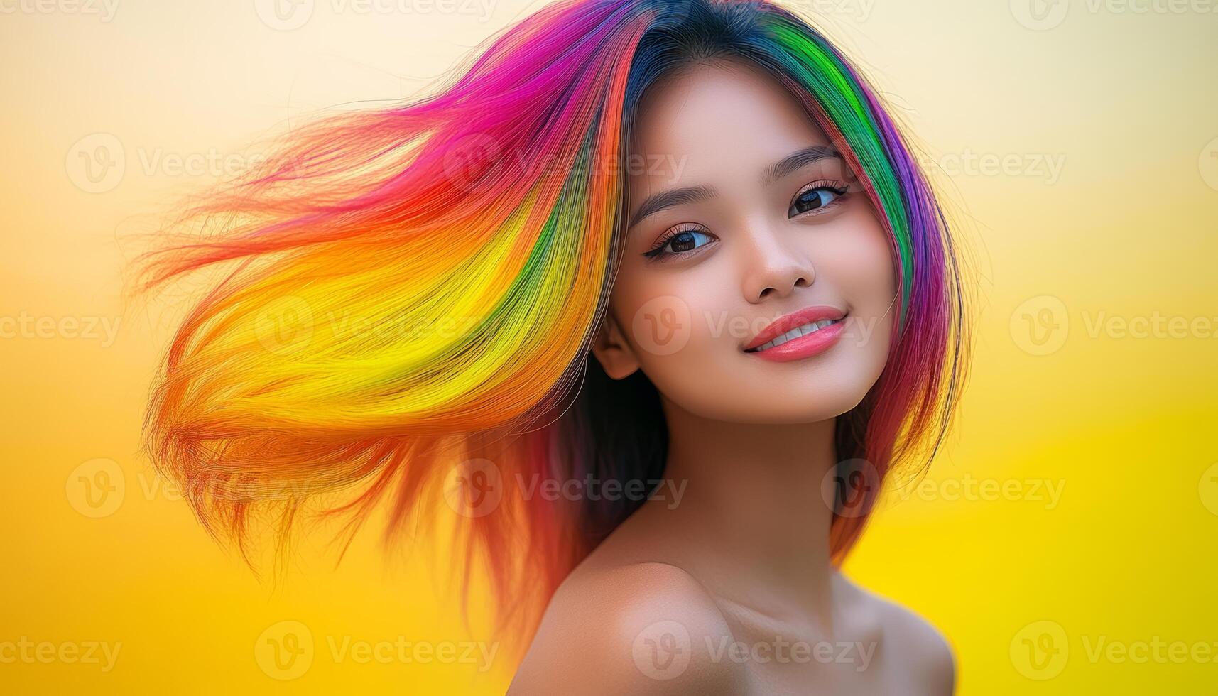 Woman with rainbow colored hair is smiling looking at the camera. The image has a bright and cheerful mood, with the colorful hair and the woman's smile conveying a sense of happiness photo