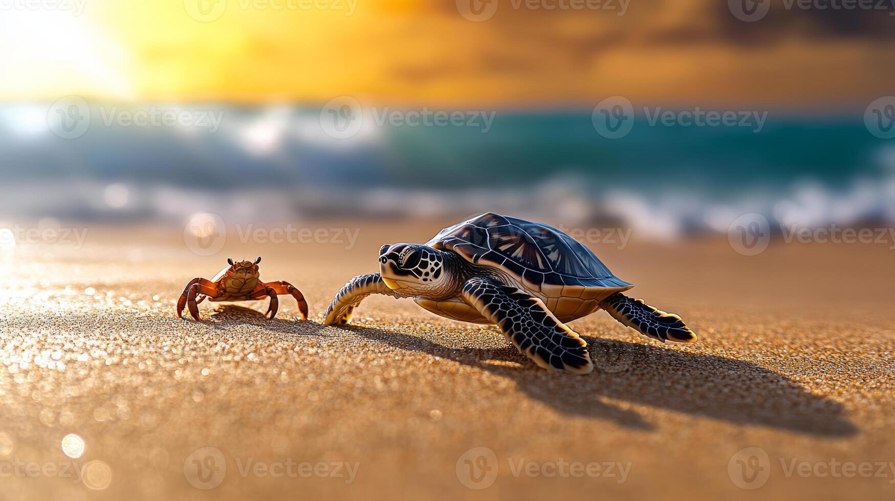 Baby turtle is on the beach next to a crab. The scene is peaceful and serene, with the sun setting in the background photo