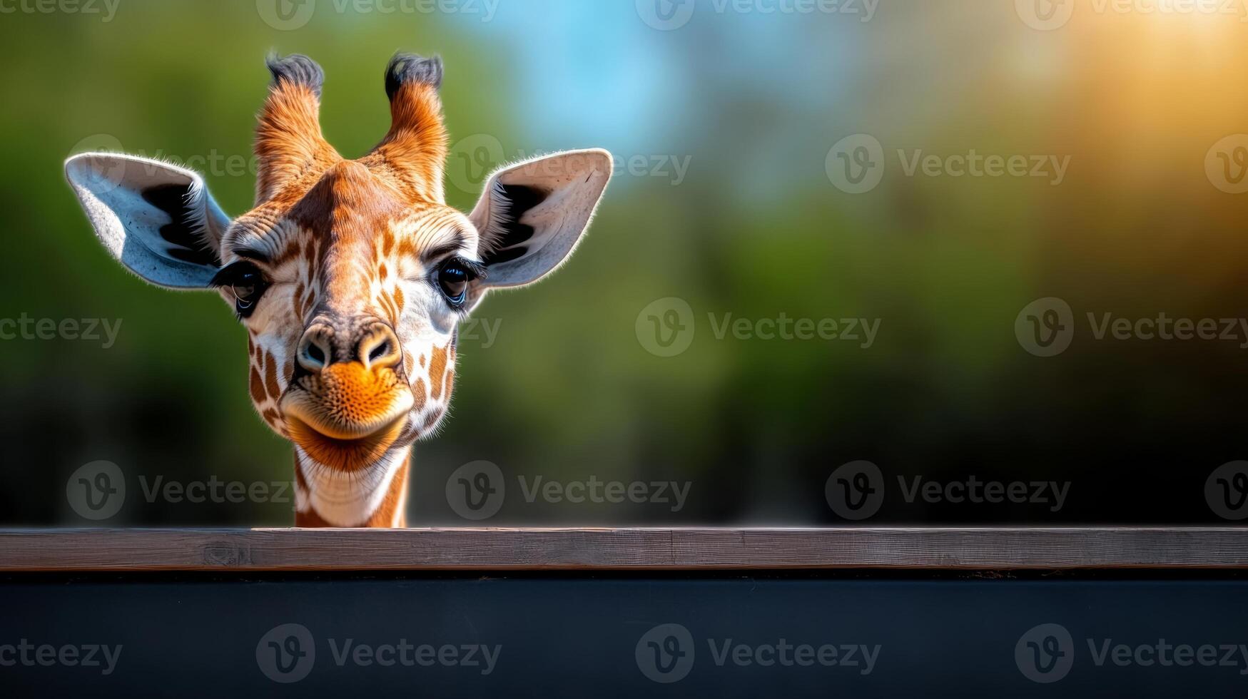 Giraffe is looking at the camera with its mouth open. The giraffe is smiling and he is happy photo