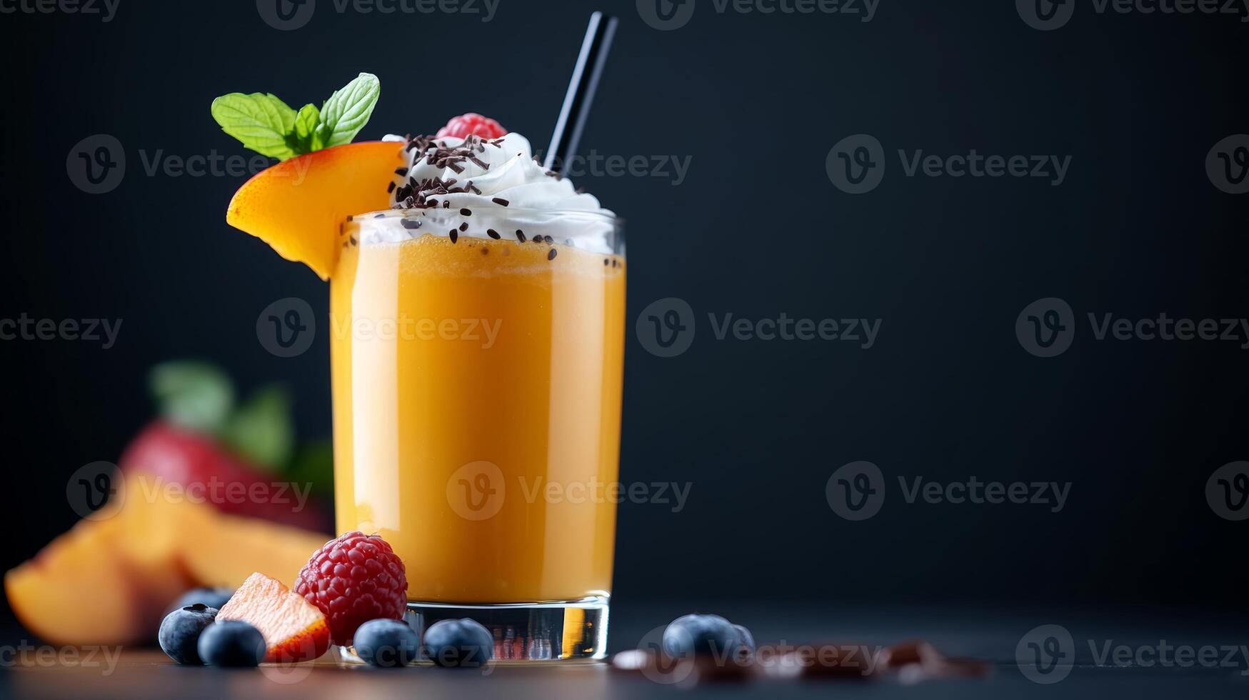 Glass of orange juice with whipped cream and raspberries on top. The image has a bright and cheerful mood, with the orange juice and raspberries adding a pop of color to the black background photo