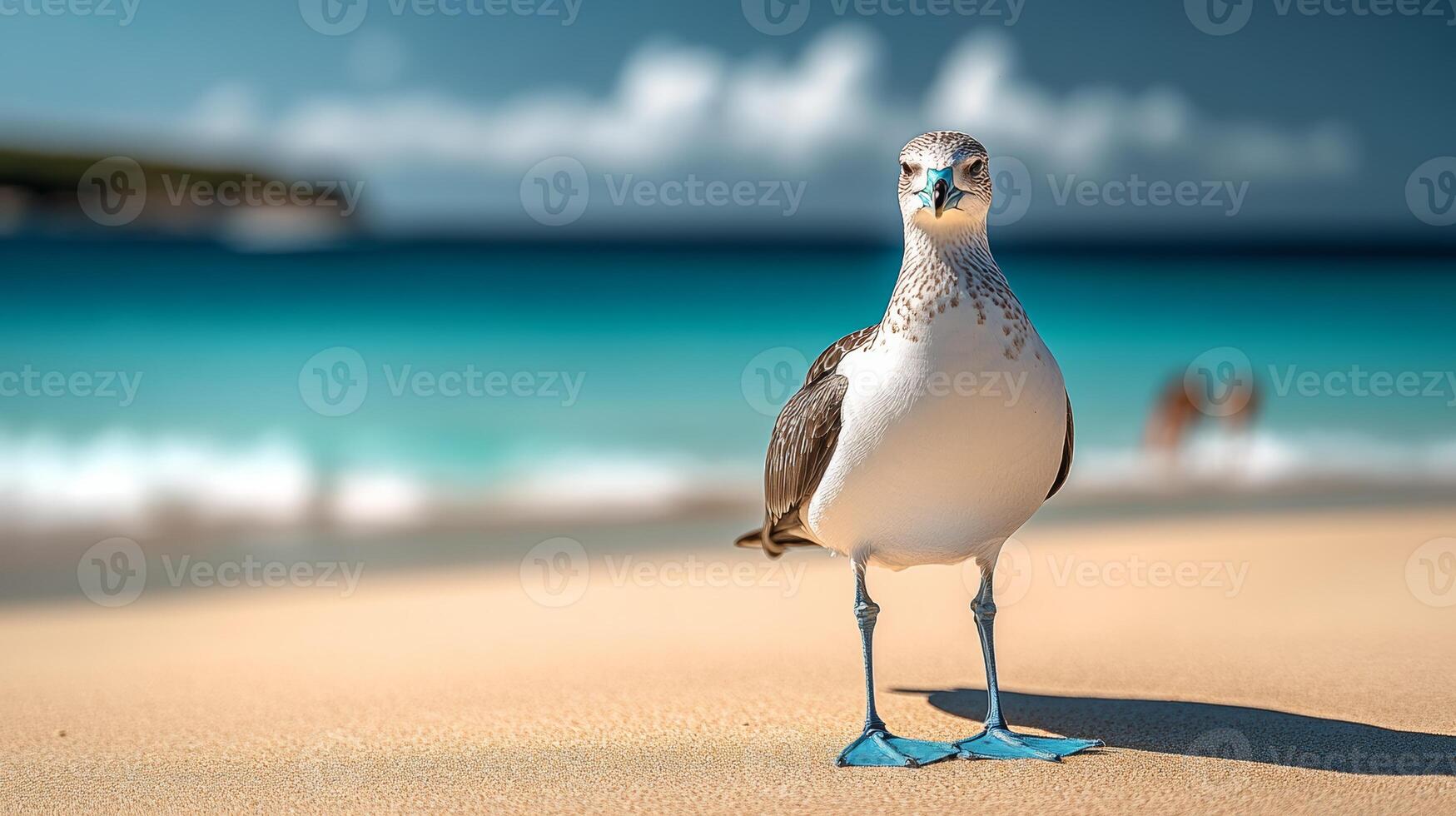 Seagull stands on the beach, looking out over the ocean. The scene is peaceful and serene, with the bird being the only living creature visible photo