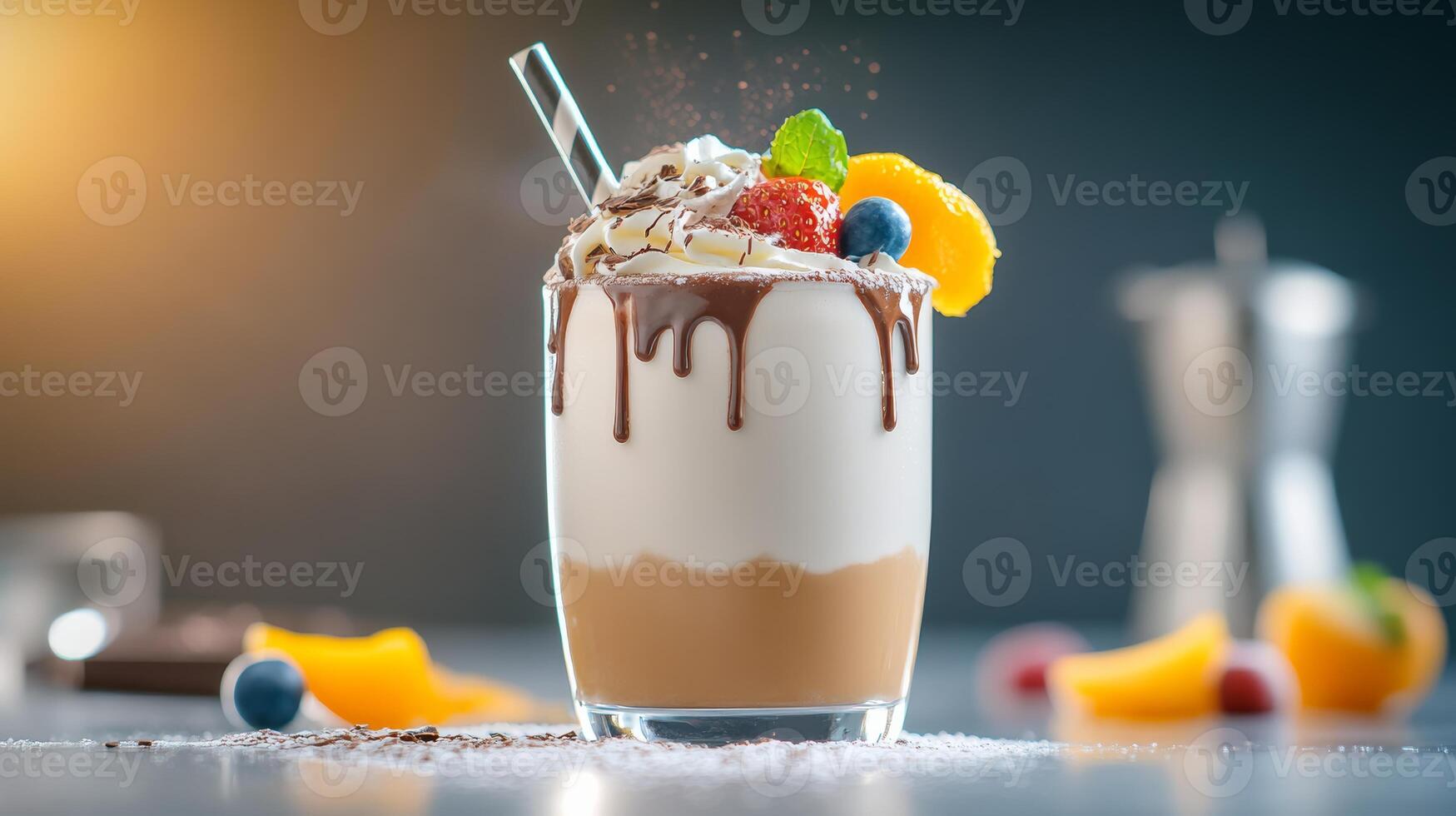 Delicious dessert with a cherry on top and a straw in the middle of the glass. The cherry is placed on top of the ice cream, and the straw is positioned in the center of the glass photo
