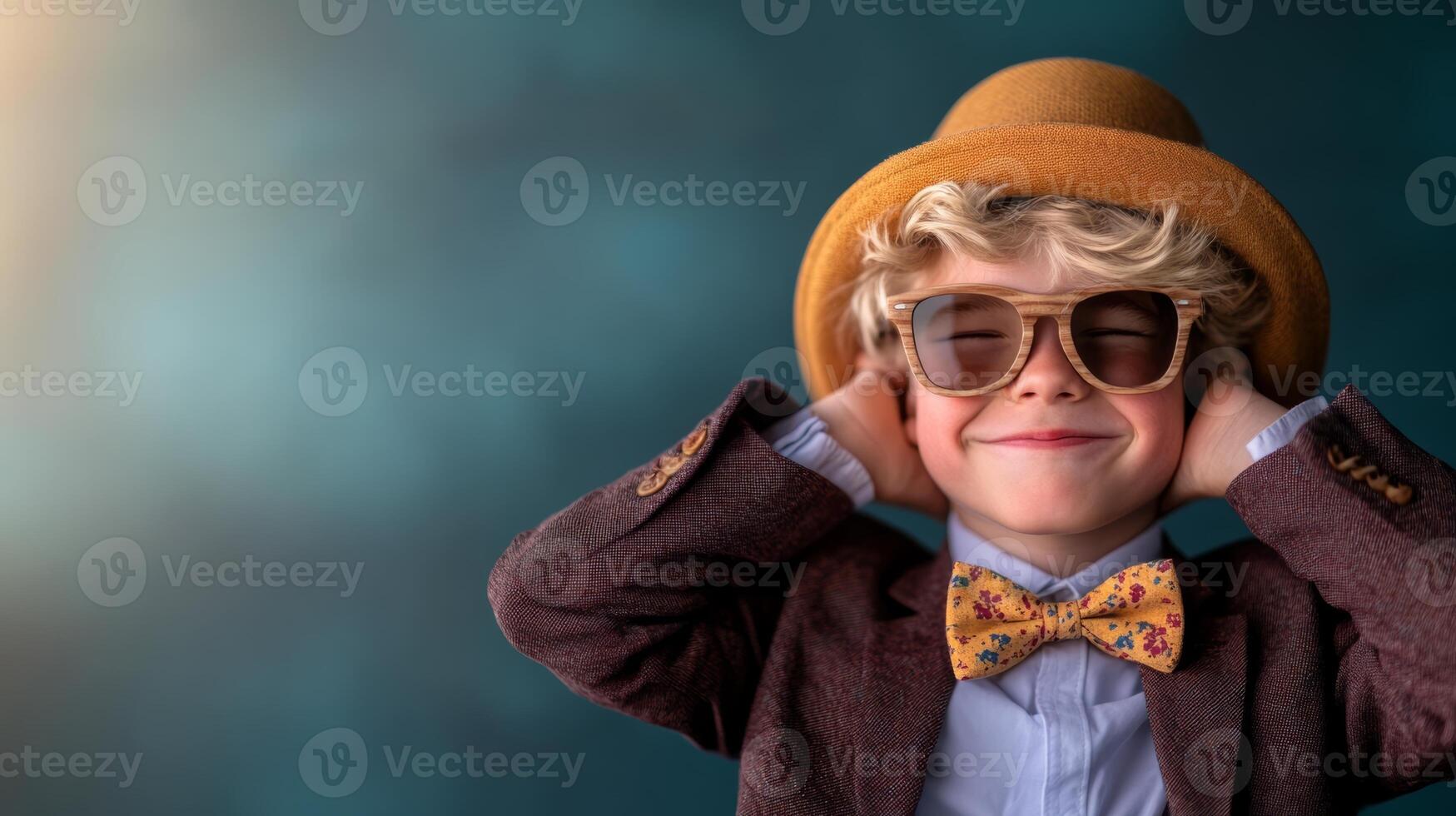 Young boy wearing a hat and glasses is smiling and listening to music. Concept of fun and playfulness, as the boy is dressed up in a suit and tie and is enjoying himself photo