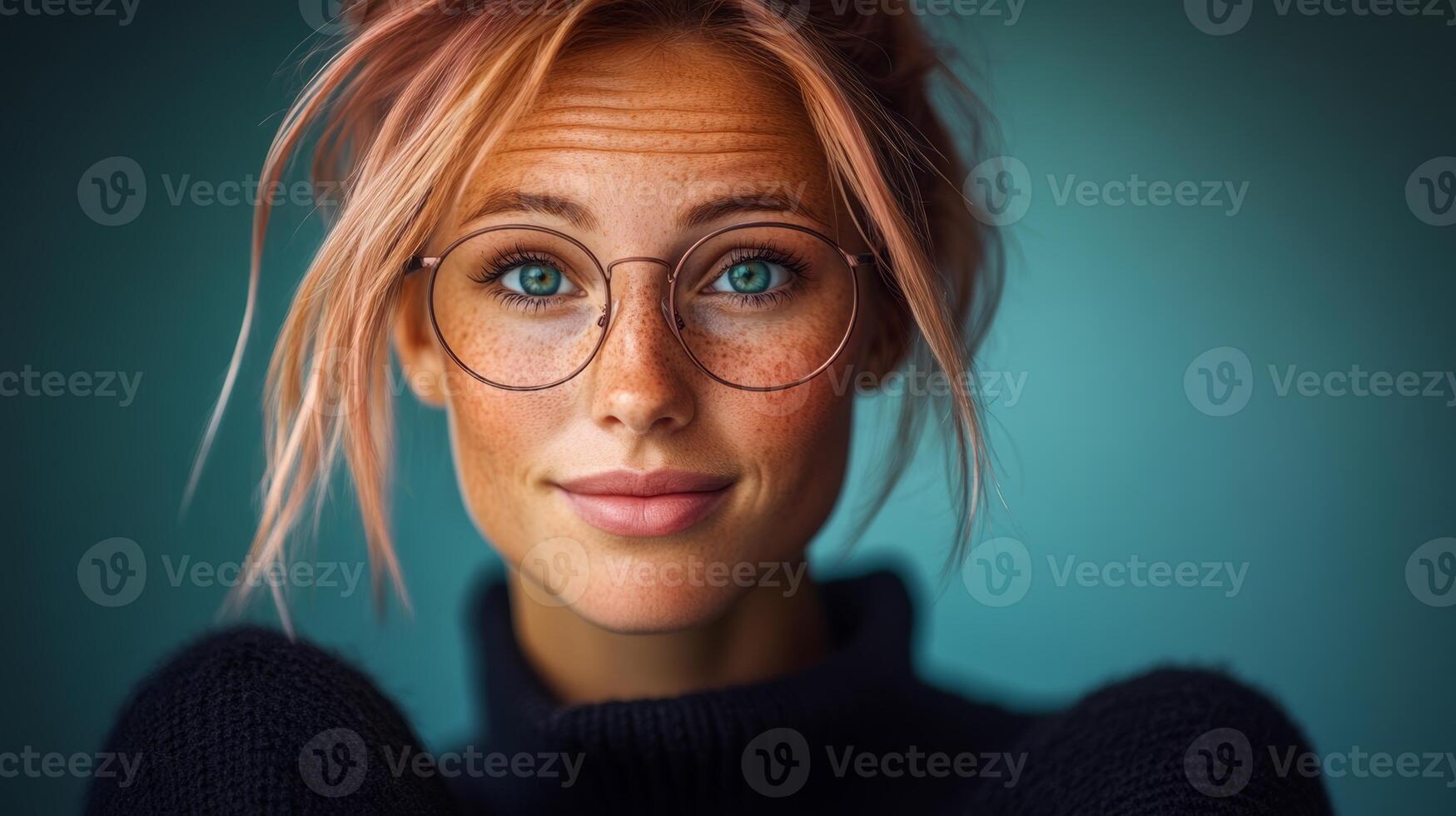 Woman with red hair glasses is smiling. She is wearing a black sweater and glasses. The image has a warm and friendly mood photo