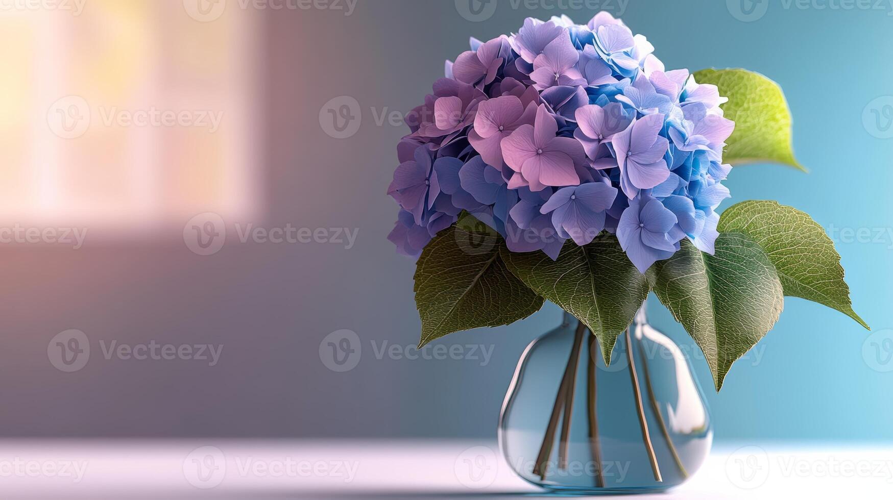 Beautiful bouquet of blue and purple flowers is displayed in a clear vase on a table. The flowers are arranged in a way that highlights their vibrant colors and delicate petals photo