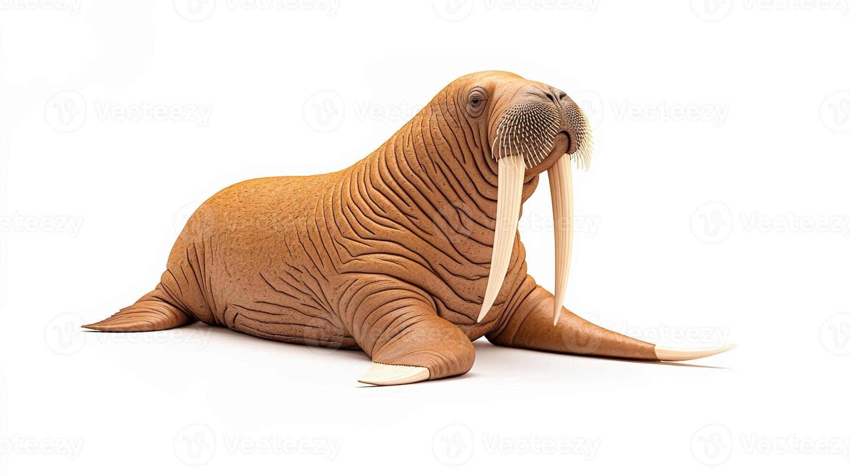 Walrus is laying on its side with its mouth open. The walrus has a large tusk sticking out of its mouth photo
