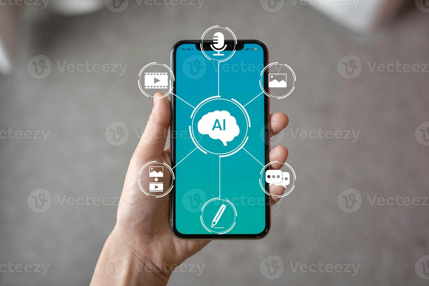 Illustration of AI technology on a smartphone with various icons that show the sophistication of AI technology, the icons are mic, photo, , chat and pencil photo