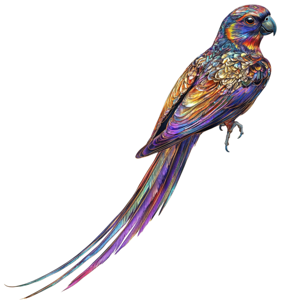 Colorful Fantasy Parrot with Iridescent Feathers and a Long Tail png