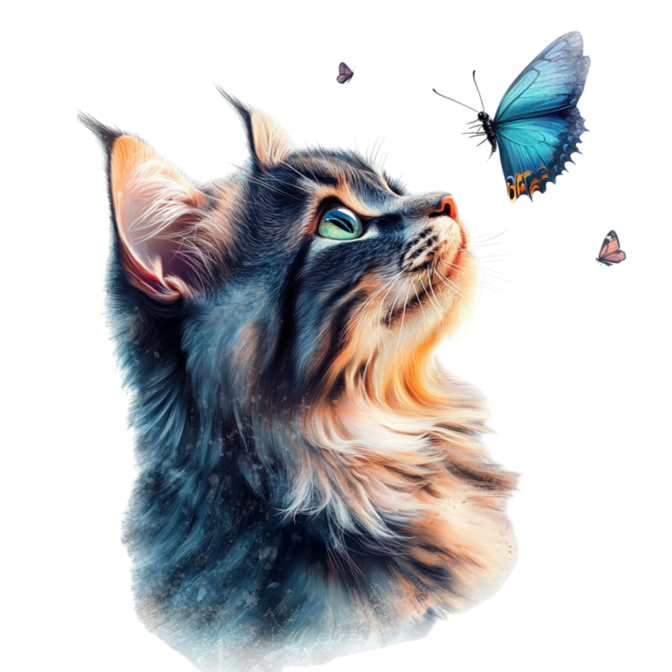 Long Haired Cat with Blue and White Fur Looking at a Flying Butterfly png