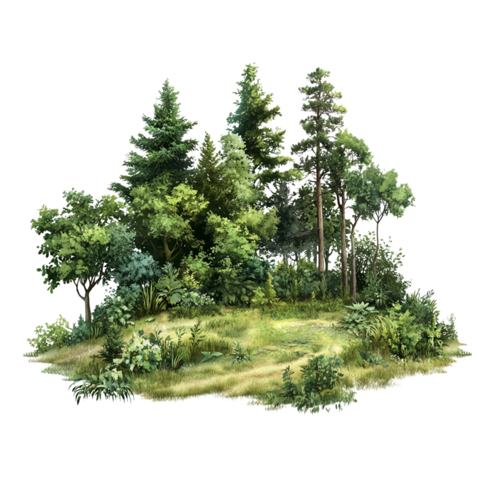 Dense Green Woodland Scene with Pine Trees and Lush Foliage png
